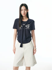 Women's Shirred Knit Top with Chenille Embroidery