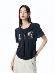 Women's Shirred Knit Top with Chenille Embroidery