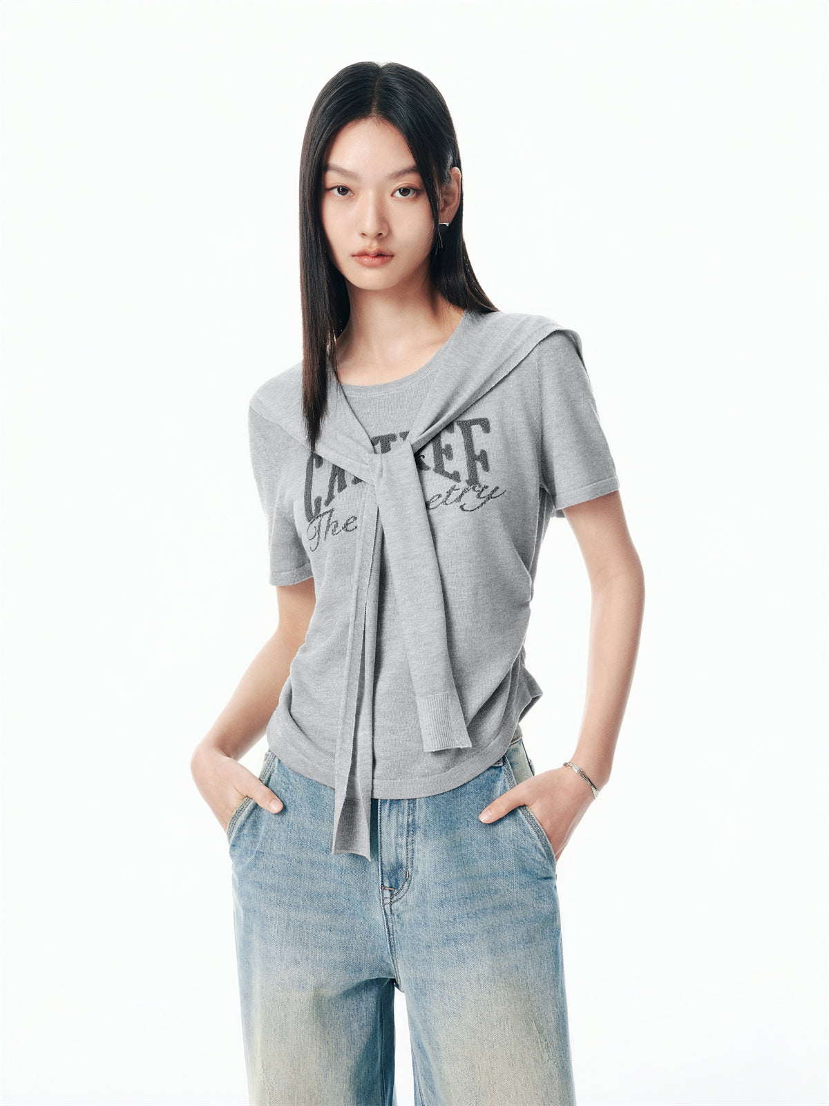 Women's Shirred Knit Top with Chenille Embroidery