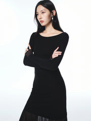 Women's Wool Blend Knit Dress with Mesh Panels