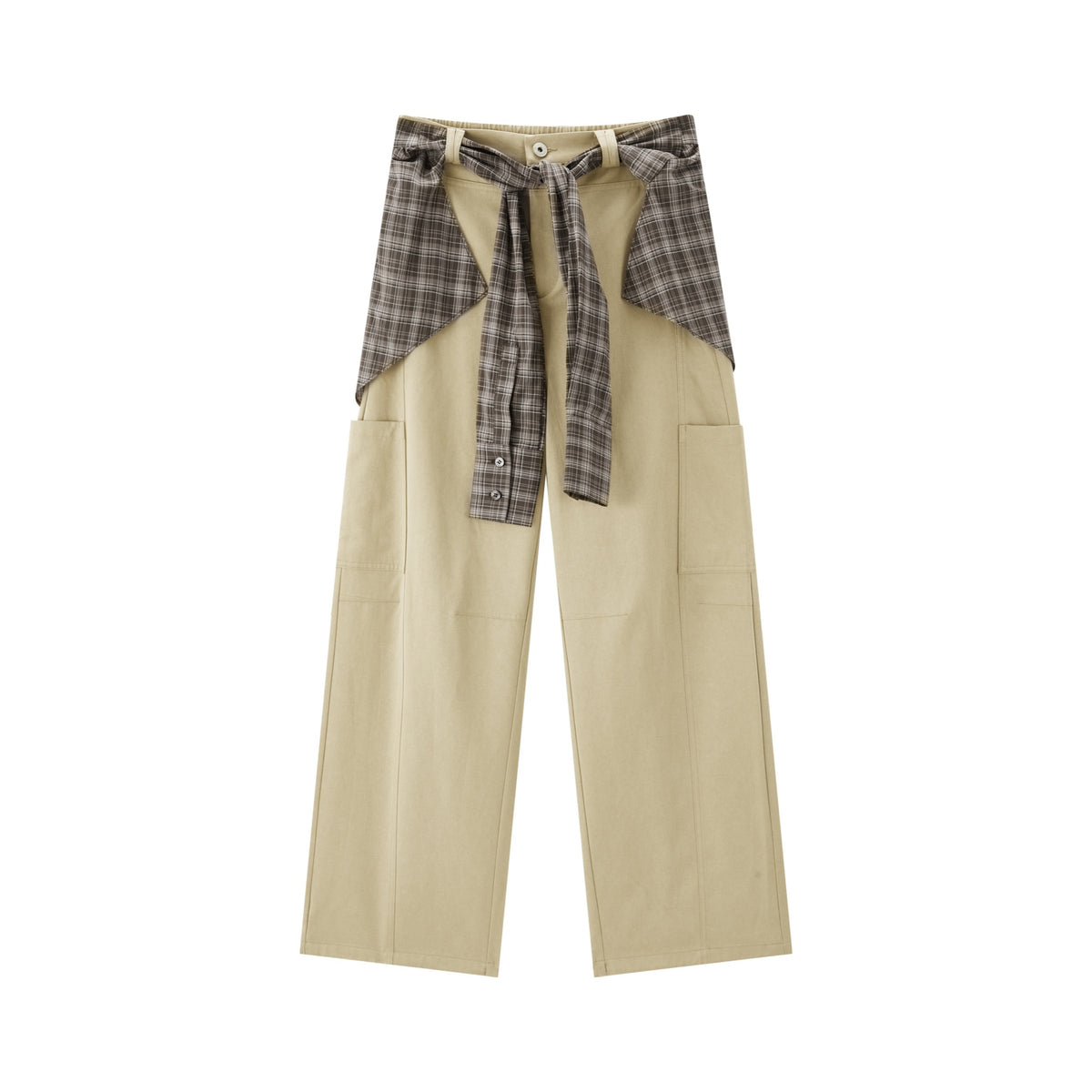 Women's Utility-Style Detachable Plaid Chestnut Curved-Leg Pants