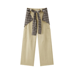 Women's Utility-Style Detachable Plaid Chestnut Curved-Leg Pants
