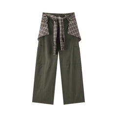 Women's Utility-Style Detachable Plaid Chestnut Curved-Leg Pants