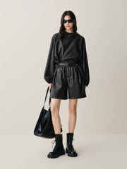 Women's High-Waist Fleece-Lined PU Shorts