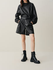 Women's High-Waist Fleece-Lined PU Shorts