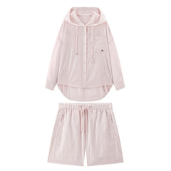 Women's Pink Hooded Long-Sleeve Shirt and Shorts Set