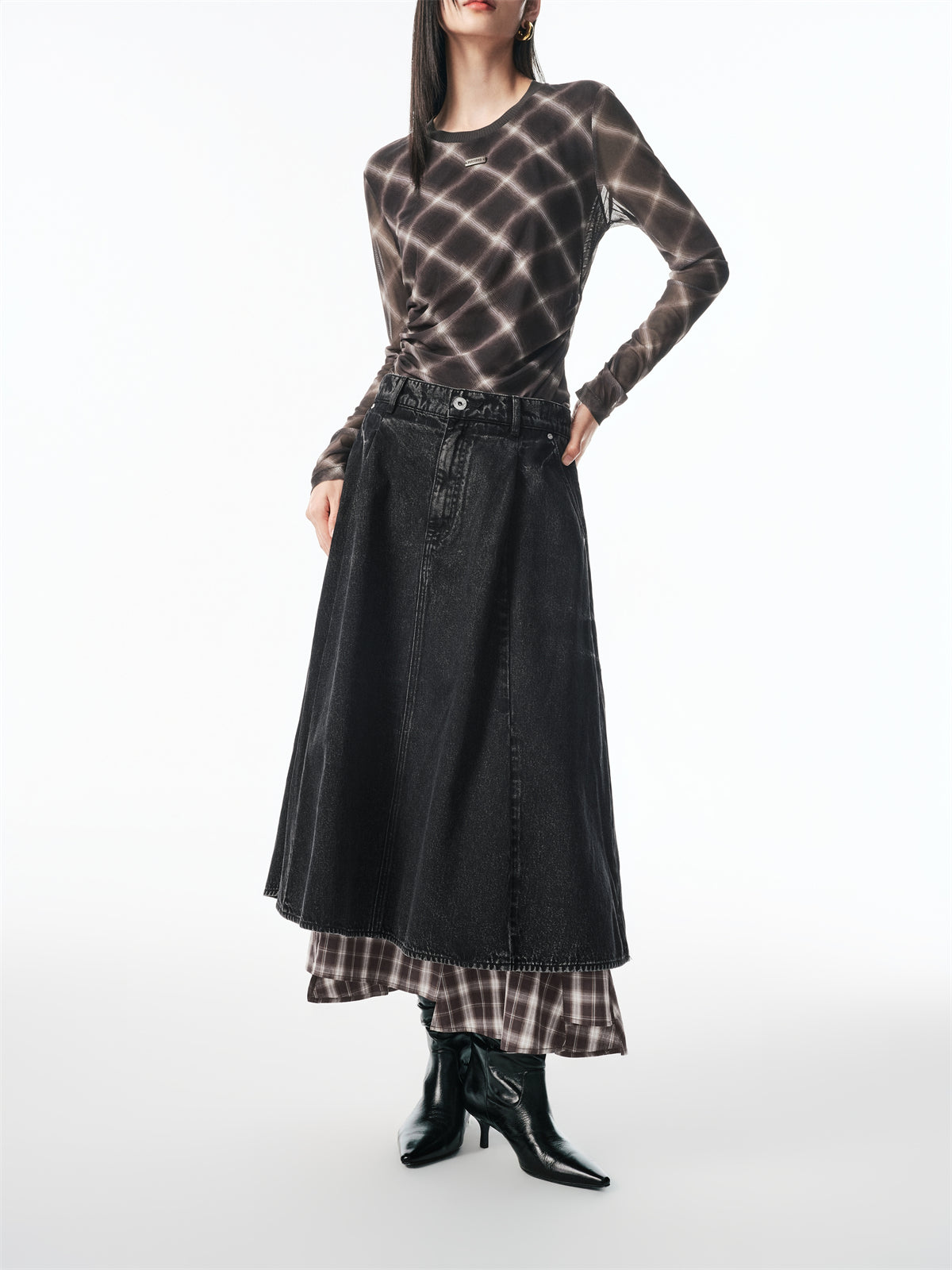 Women's A-Line Denim Skirt with Plaid Patchwork