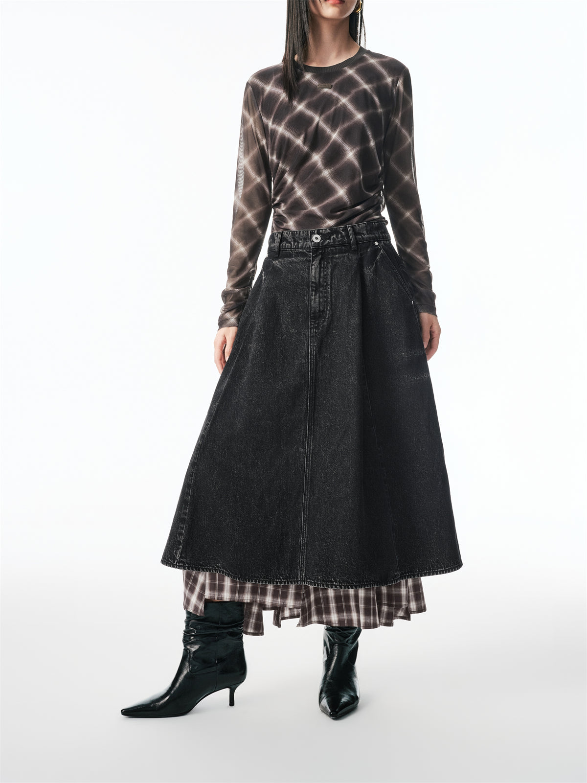 Women's A-Line Denim Skirt with Plaid Patchwork