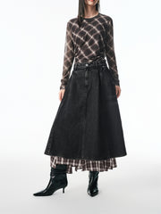Women's A-Line Denim Skirt with Plaid Patchwork