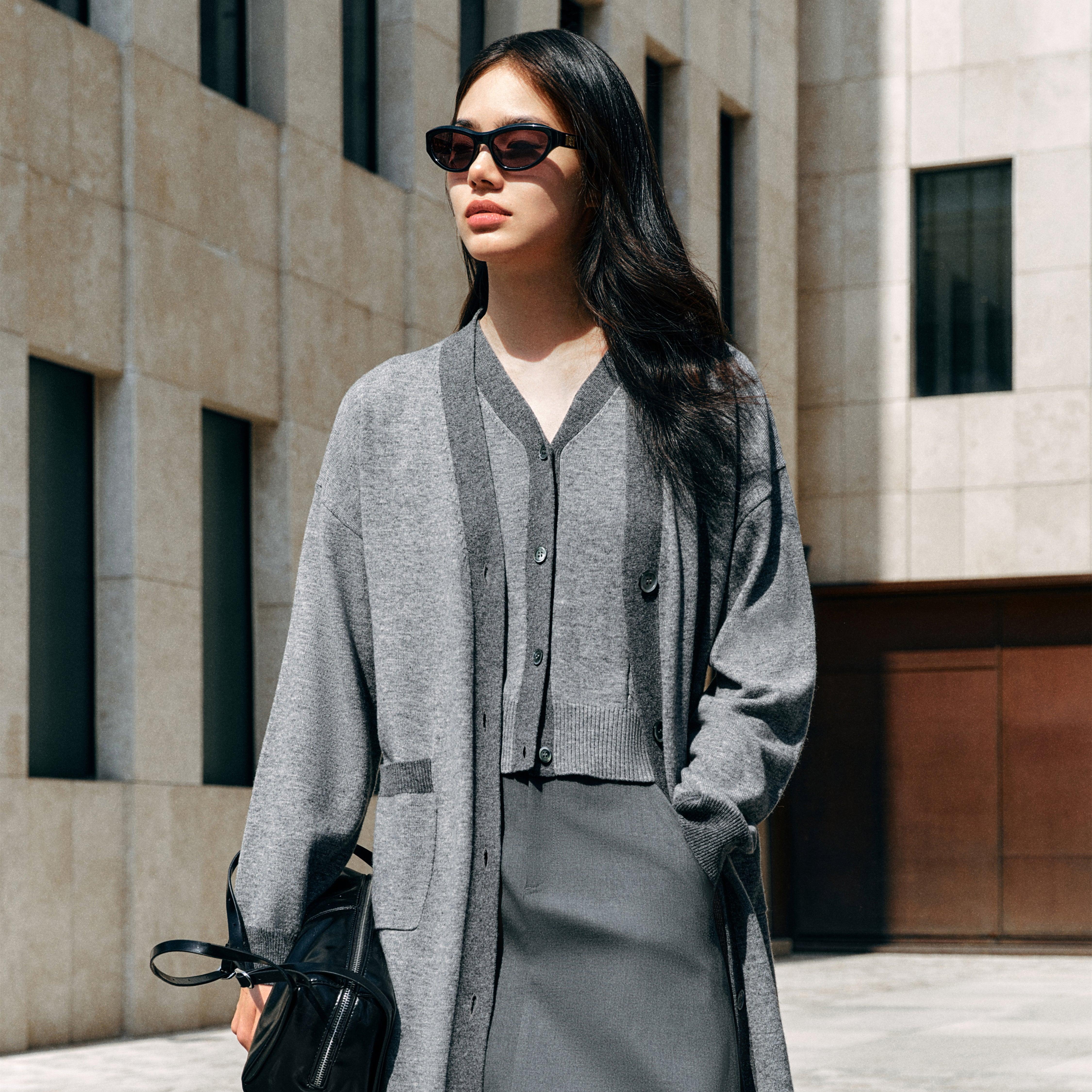 Women's Long V-neck Grey Wool Cardigan