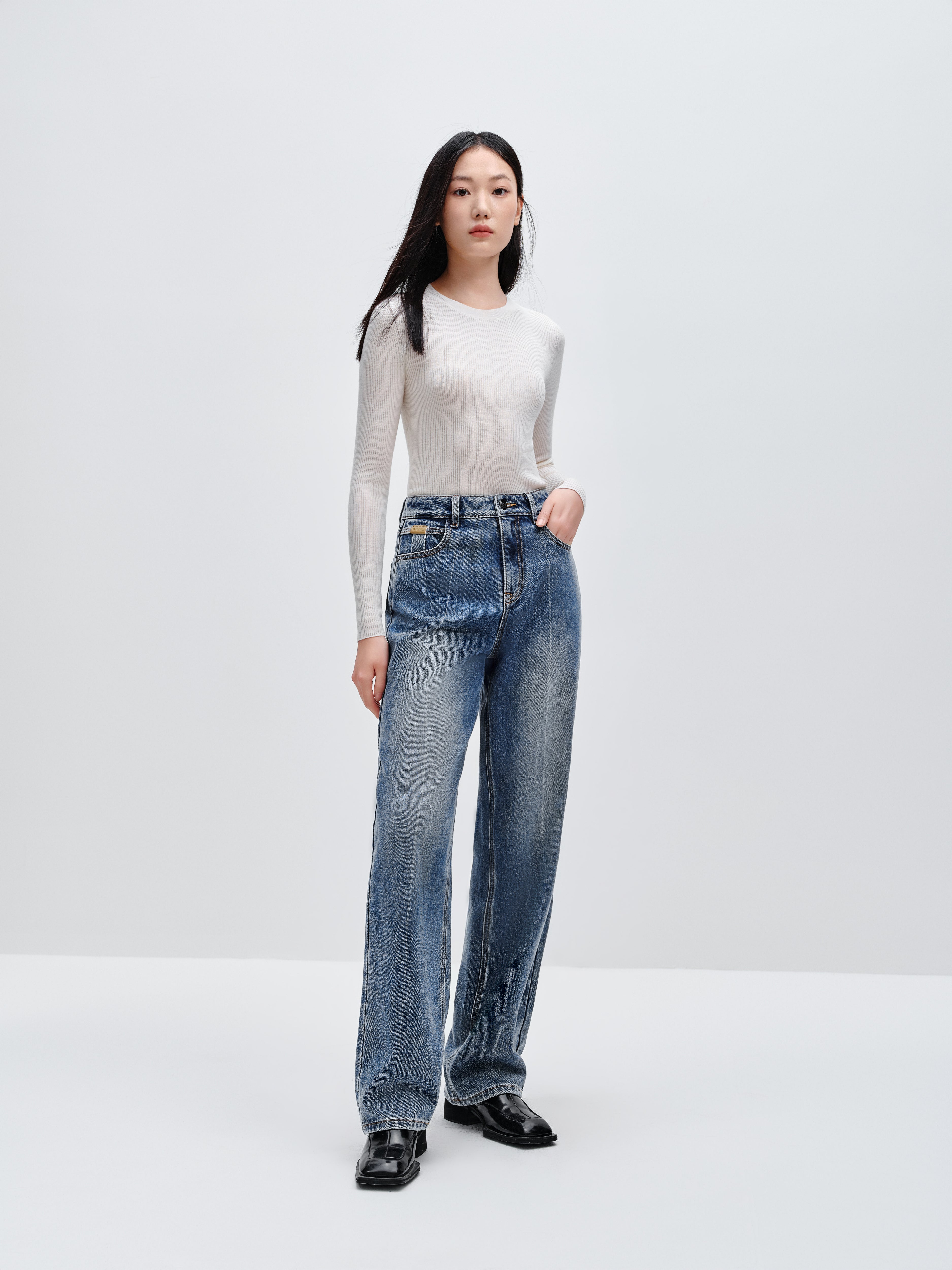 Women's Blue Bleached High Waist Straight Jeans