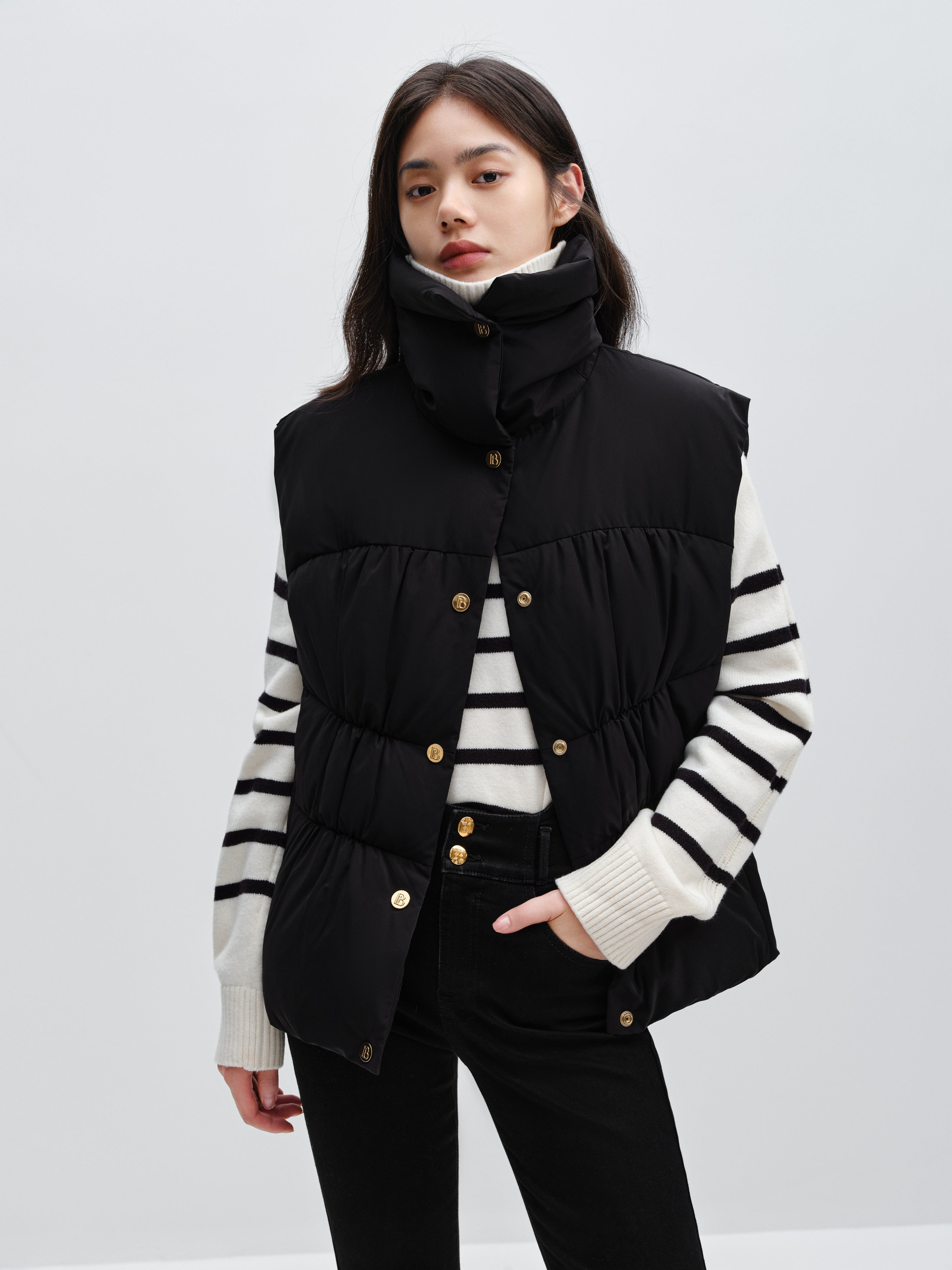 Women's Pleated Waist Vest Style Puffer Jacket