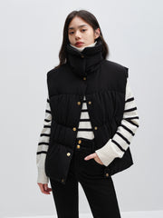 Women's Black Pleated Waist Vest Style Puffer Jacket