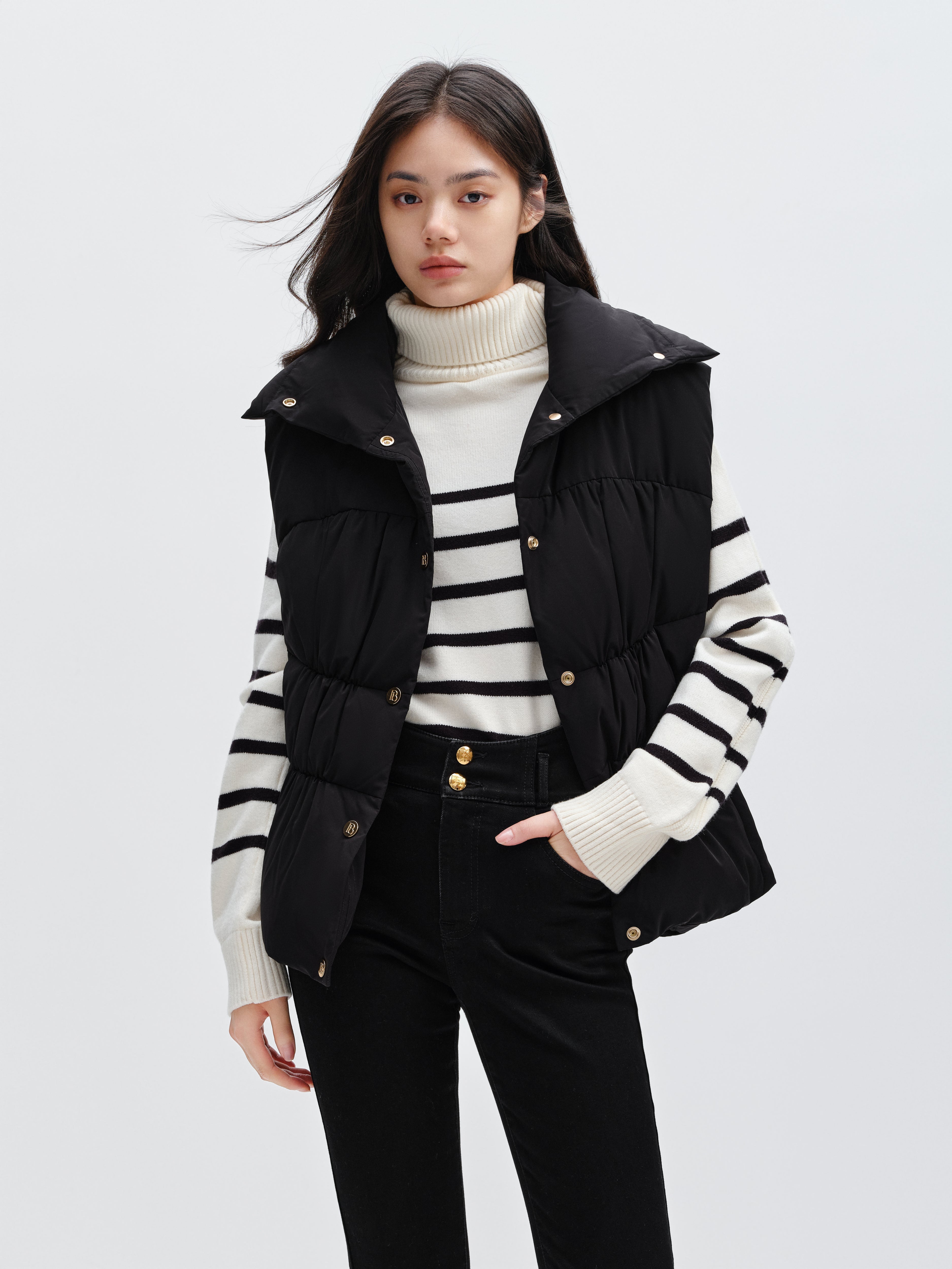 Women's Pleated Waist Vest Style Puffer Jacket