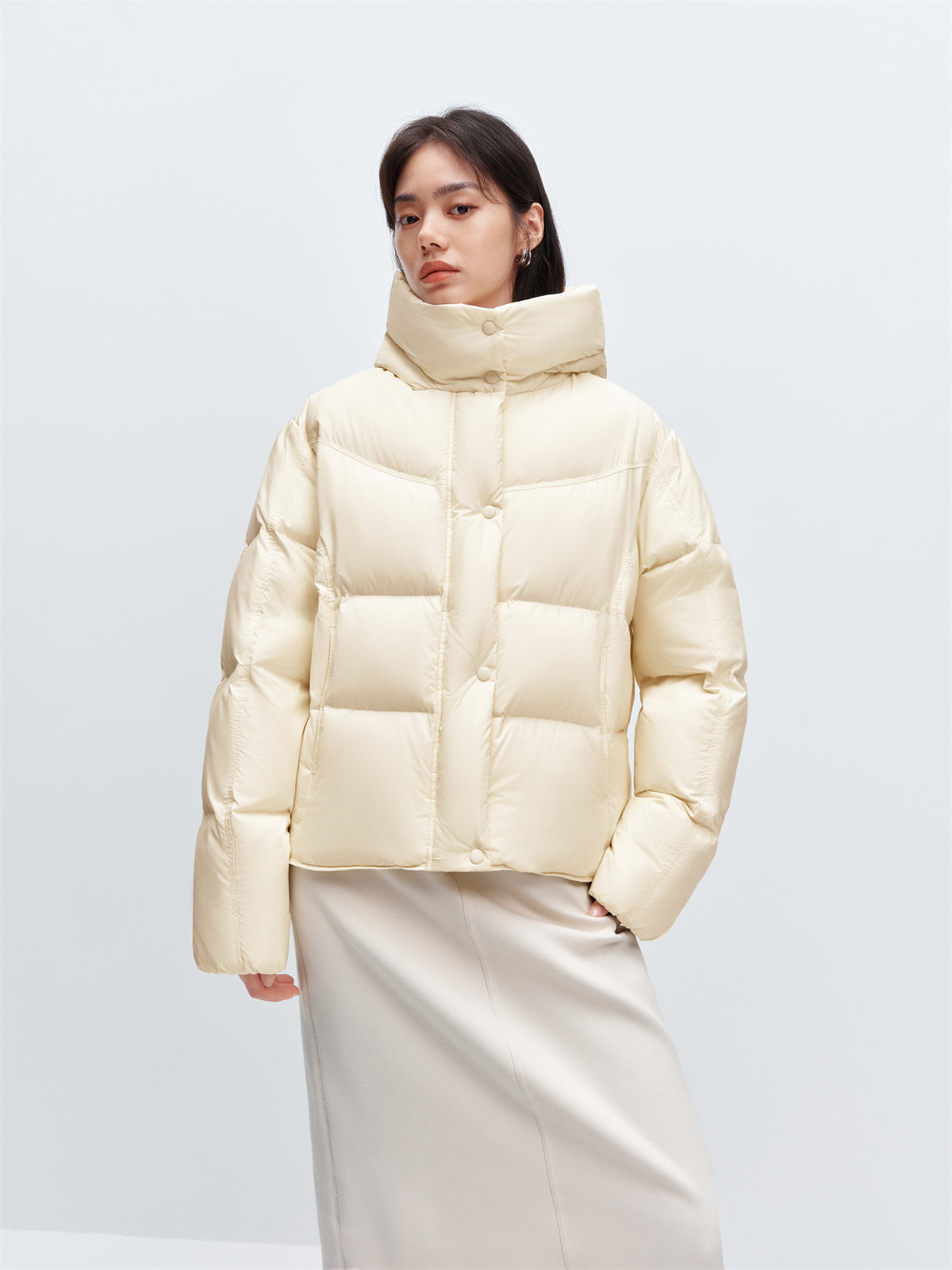 Women's Beige Quilted Hooded Puffer Jacket