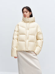 Women's Beige Quilted Hooded Puffer Jacket