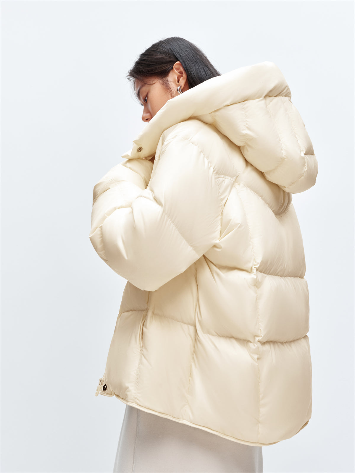 Women's Beige Quilted Hooded Puffer Jacket