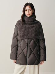 Women's Extra-Long Puffer Coat with Cable-Knit Shawl