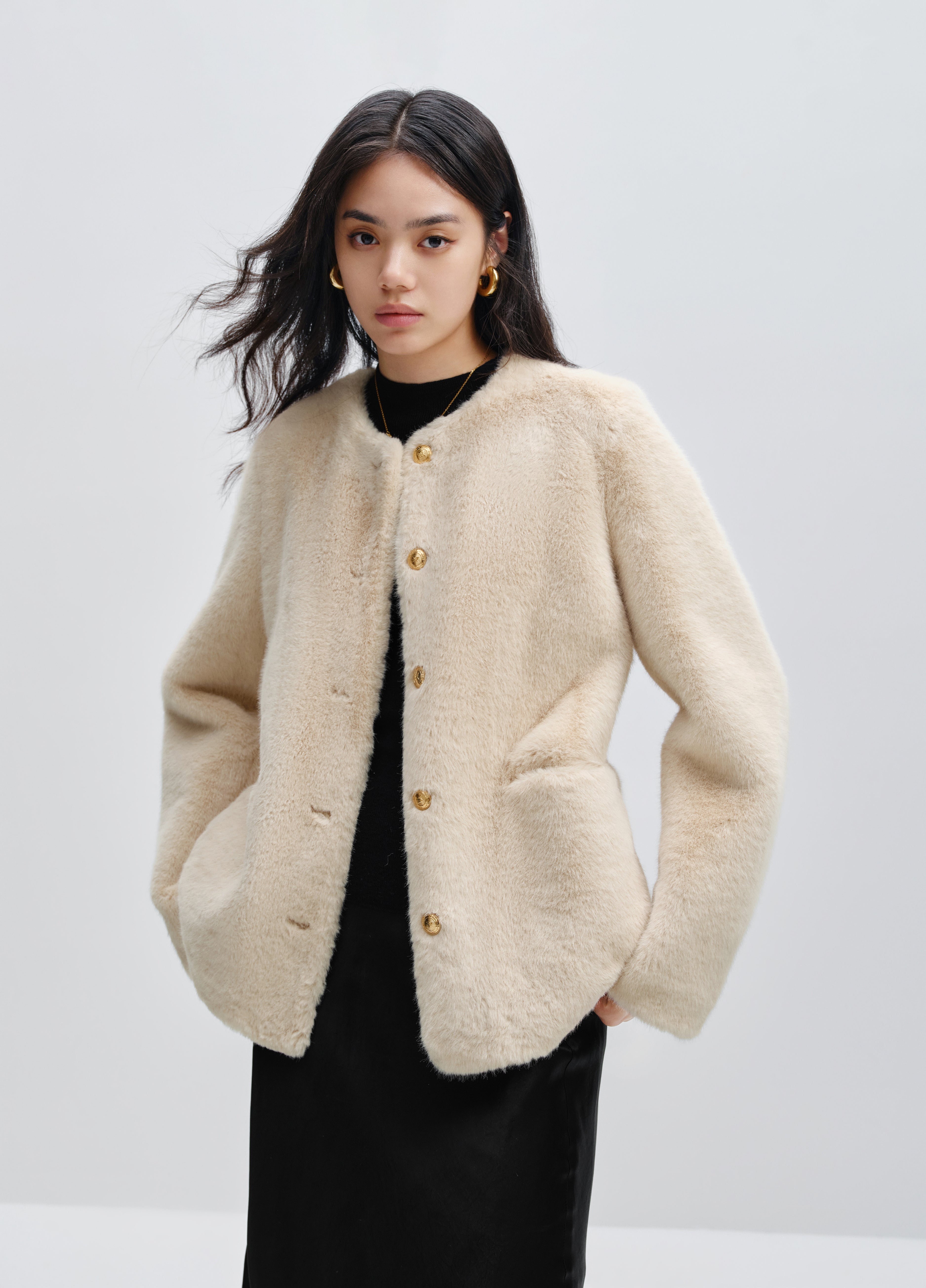 Women's Beige Faux Fur Coat