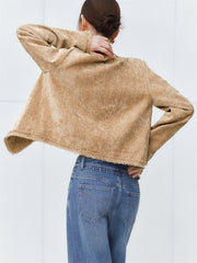 Women's Velour Textured Short Jacket With Raw Edges