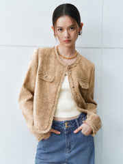 Women's Velour Textured Short Jacket With Raw Edges