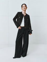 Women's Velour Textured Short Jacket With Raw Edges