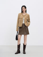 Women's Velour Textured Short Jacket With Raw Edges