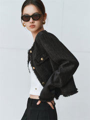 Women's Velour Textured Short Jacket With Raw Edges