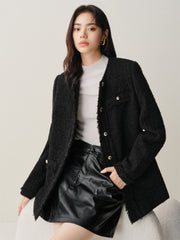 Women's Tweed-Texture Padded Jacket with Raw Edges