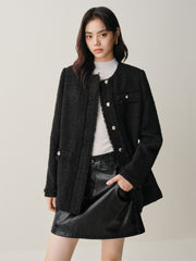 Women's Tweed-Texture Padded Jacket with Raw Edges
