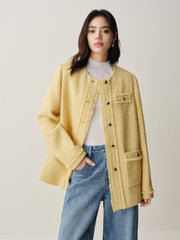 Women's Tweed-Texture Padded Jacket with Raw Edges