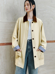 Women's Patchwork Trench Coat With PU Leather Collar