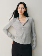 Women's Layered-Look Henley Top with Lace Panels