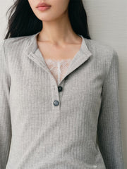 Women's Layered-Look Henley Top with Lace Panels