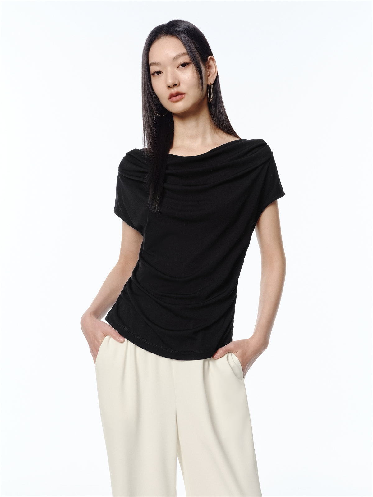 Women's Draped Neck Acetate Ruched T-Shirt
