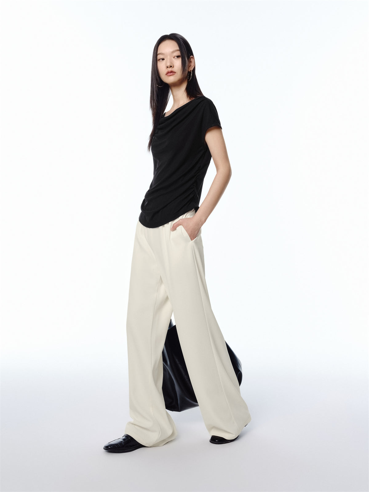 Women's Draped Neck Acetate Ruched T-Shirt