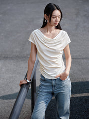 Women's Draped Neck Acetate Ruched T-Shirt