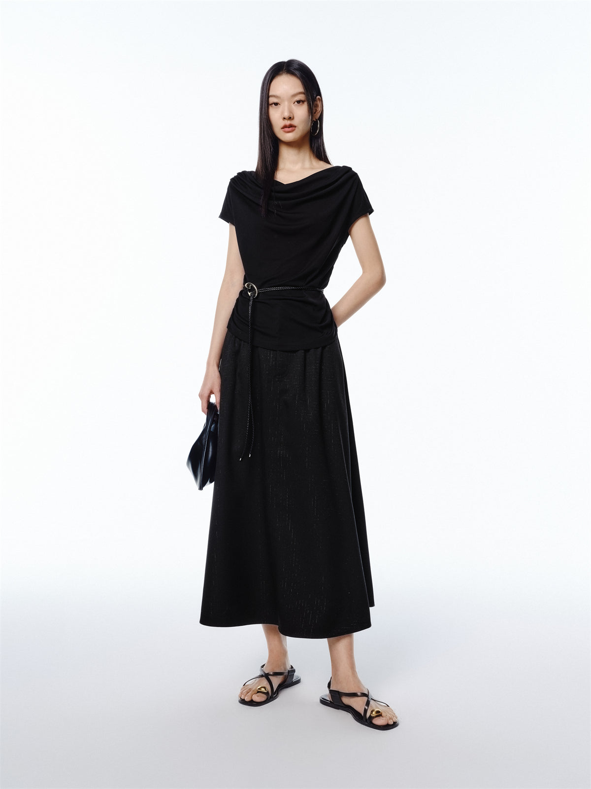 Women's Draped Neck Acetate Ruched T-Shirt