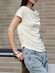 Women's Draped Neck Acetate Ruched T-Shirt