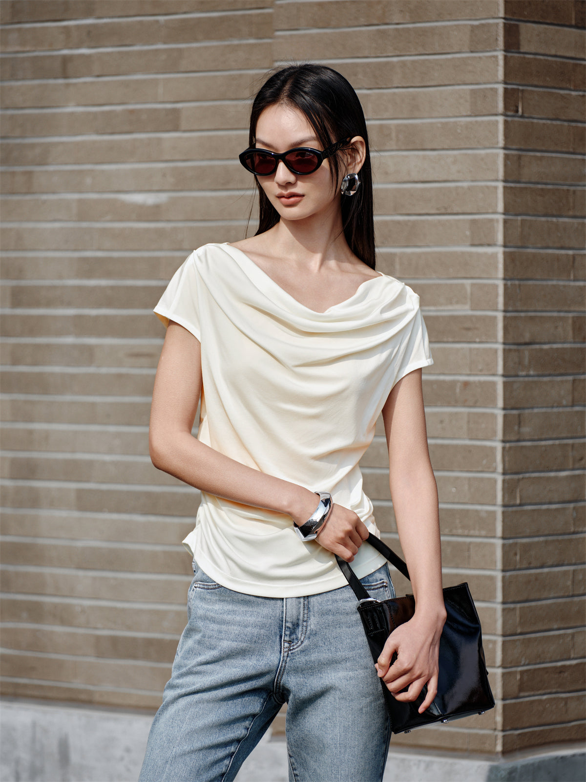 Women's Draped Neck Acetate Ruched T-Shirt