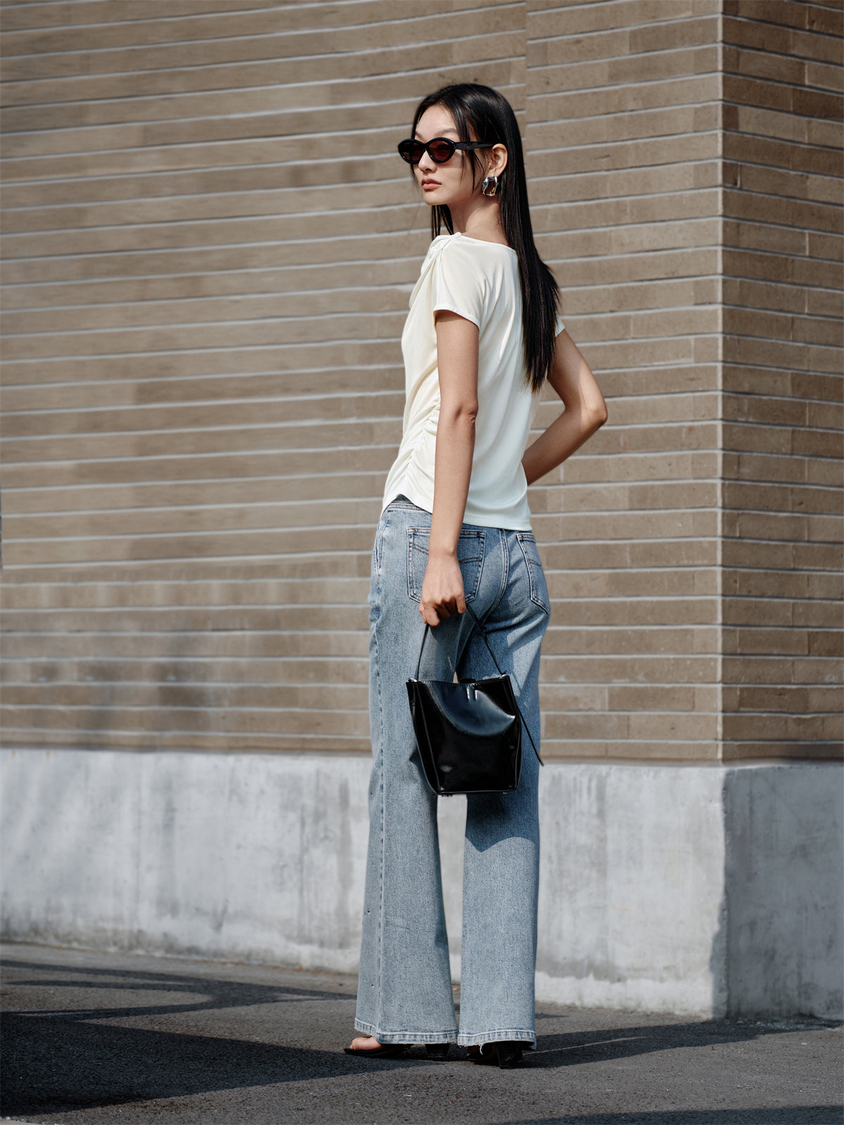 Women's Draped Neck Acetate Ruched T-Shirt