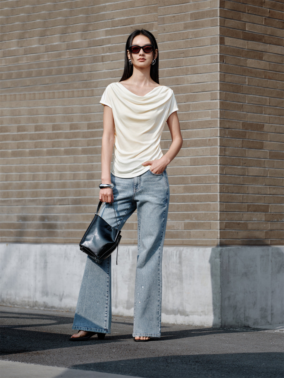 Women's Draped Neck Acetate Ruched T-Shirt