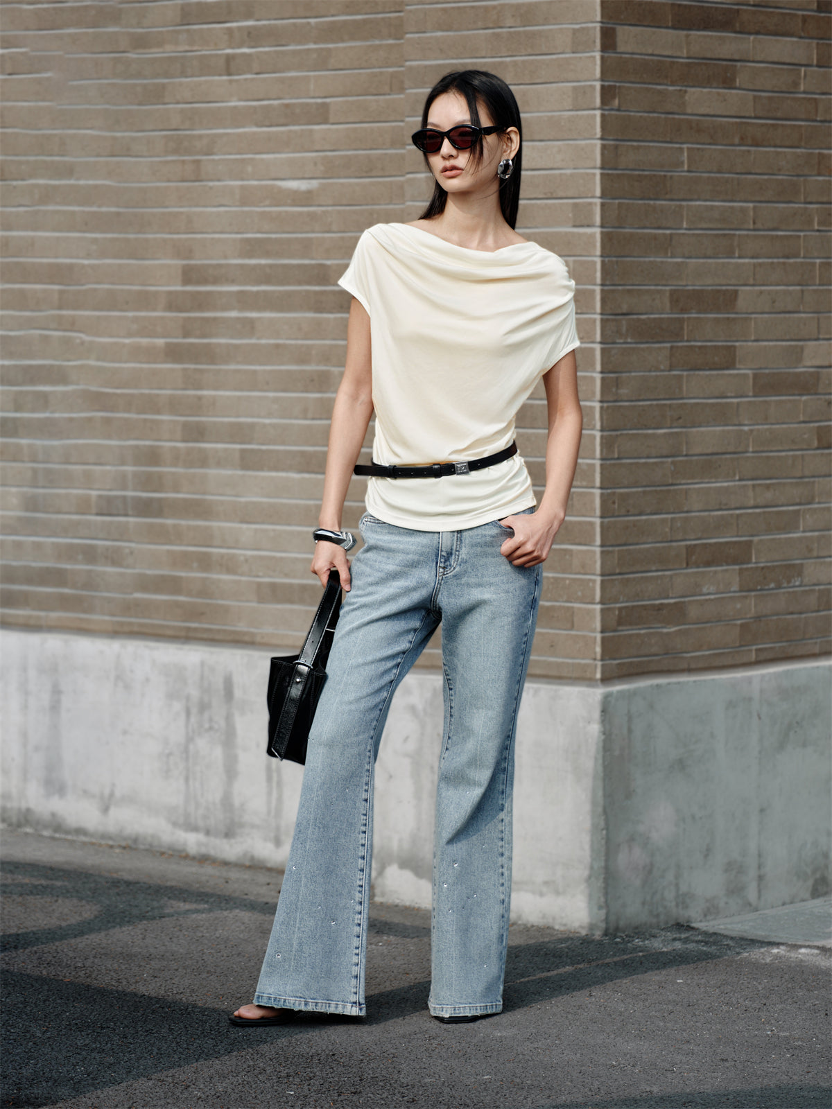 Women's Draped Neck Acetate Ruched T-Shirt
