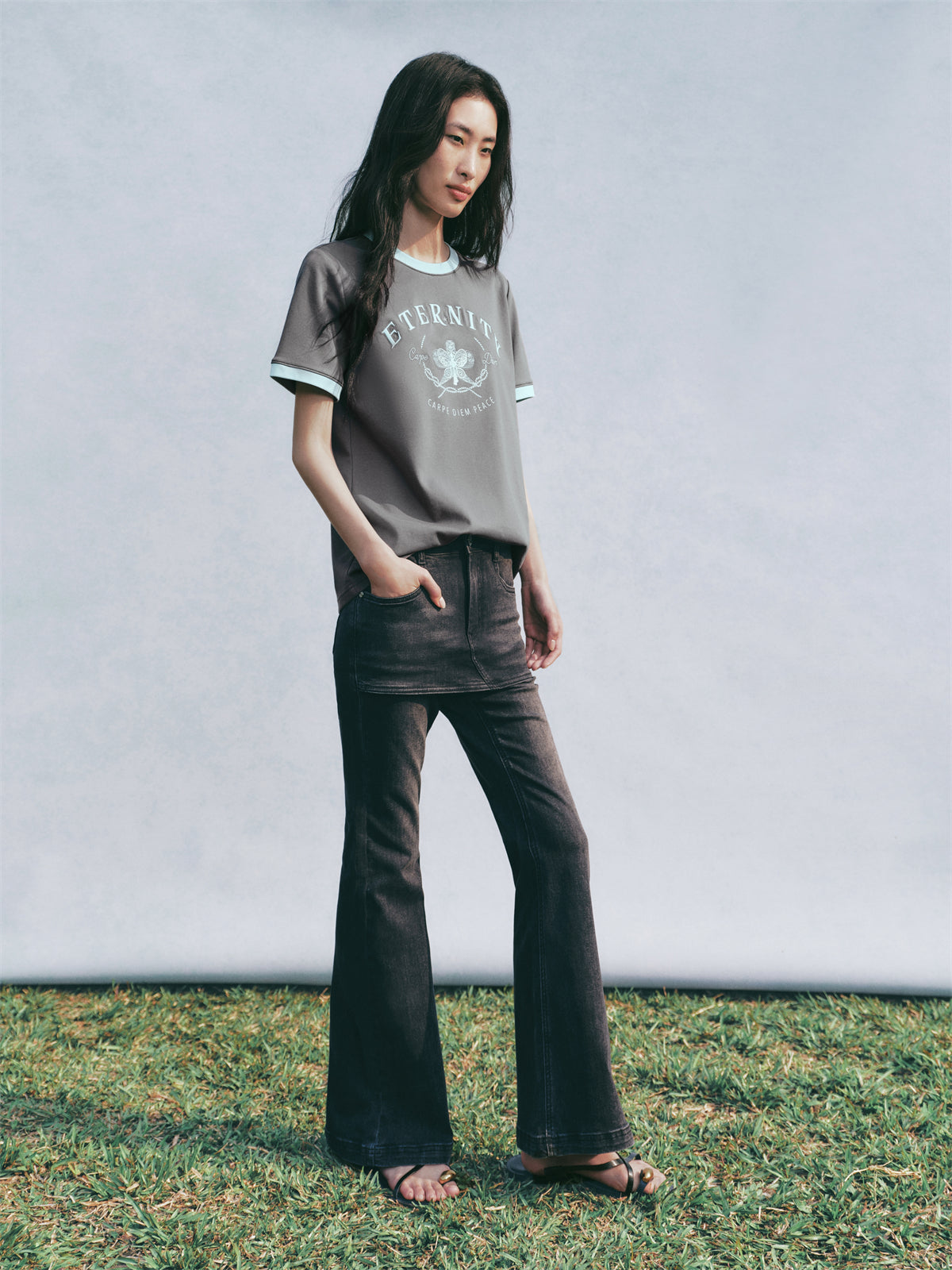 Women's Printed and Embroidered T-Shirt with Contrast Trim