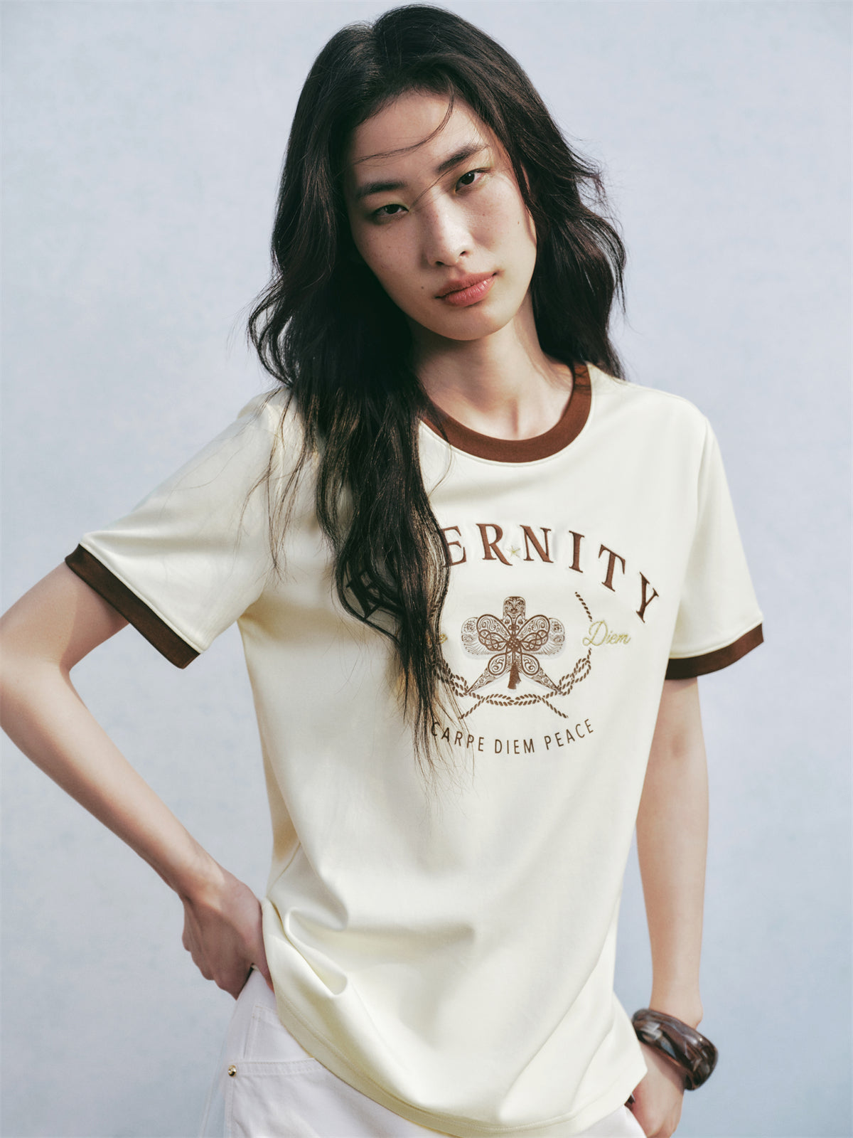 Women's Printed and Embroidered T-Shirt with Contrast Trim