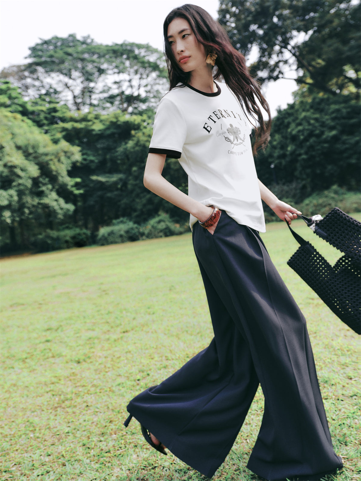 Women's Printed and Embroidered T-Shirt with Contrast Trim