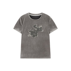 Women's velvet graffiti print regular shoulder T-shirt
