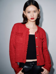 Women's Red Raw Edge Knit Cardigan