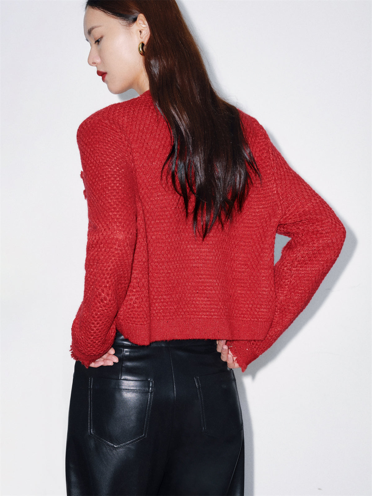 Women's Red Raw Edge Knit Cardigan