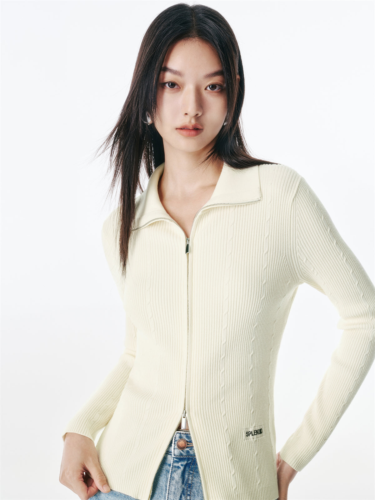 Women's Cable-Knit Collared Two-Way Zip Cardigan